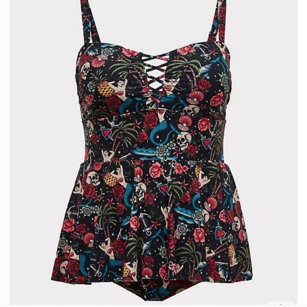 Torrid Wireless Peplum One Piece Swimsuit Tattoo Mermaid Print 2X